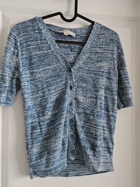 LOFT Blue Heathered Knit Button-Front Cardigan
